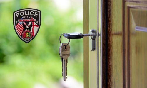 photo of keys in front door lock